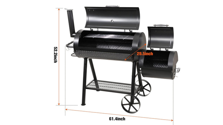 Opened black smoker with attached offset smoker