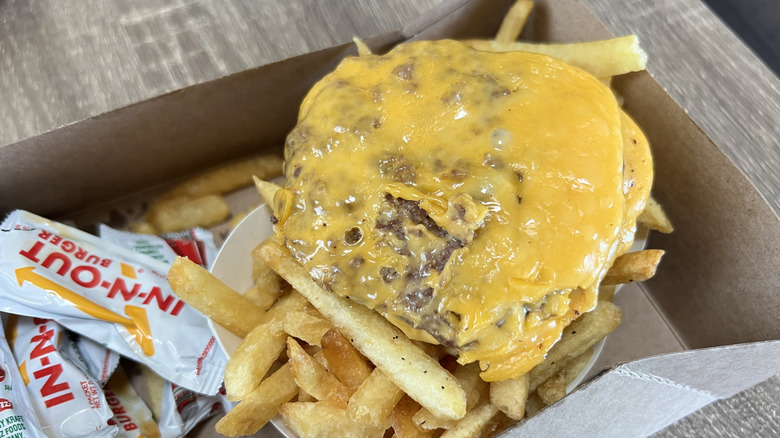 In-N-Out fries topped with cheeseburger patty