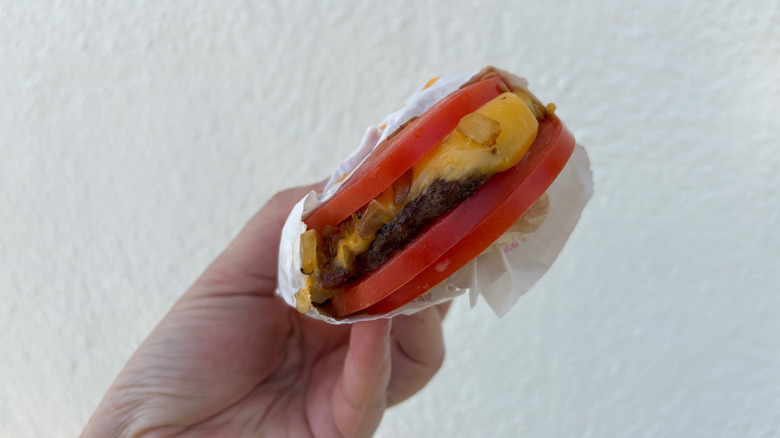 A tomato wrapped cheeseburger at In-N-Out