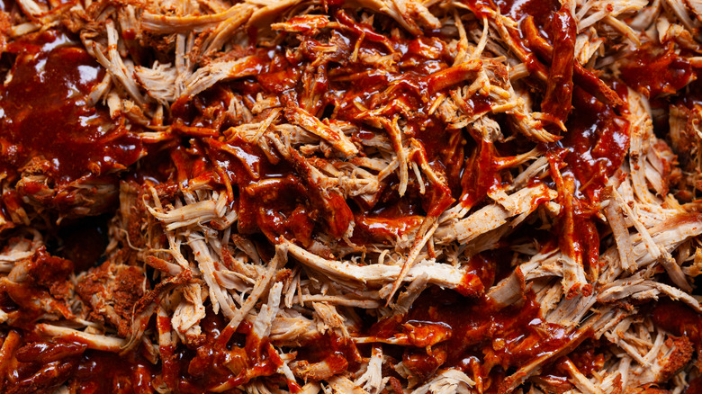 Homemade pulled pork with barbecue sauce.