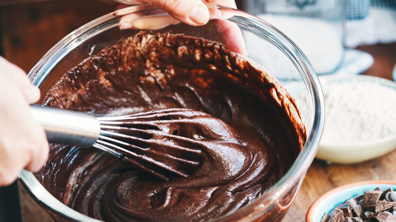 Chocolate fudge cake mix in a mixing bowl