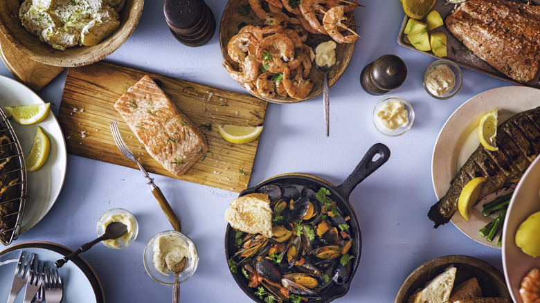 Seafood dinner spread