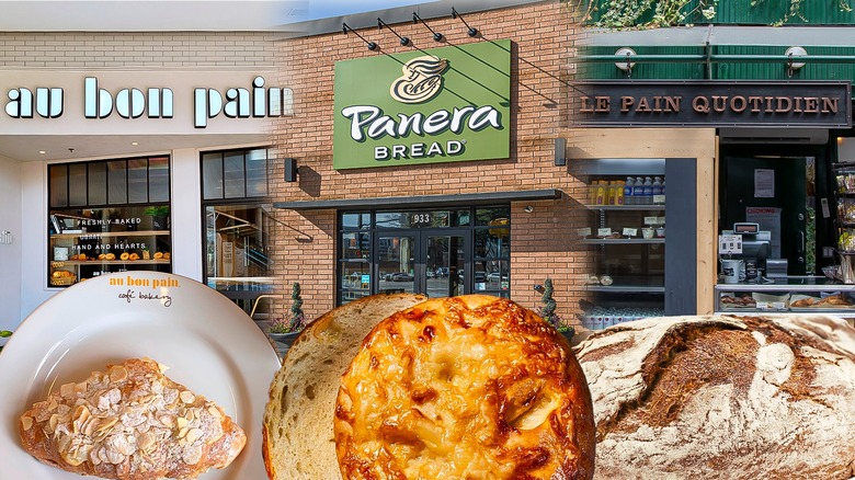 Au Bon Pain, Panera Bread, and Le Pain Quotidien exteriors and baked goods