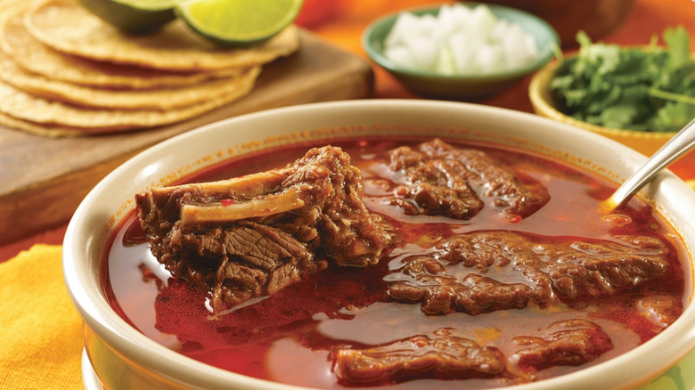 A close-up of a bowl of birria