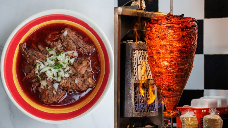 A split image with a bowl of birria on the left and an al pastor meat spit on the right