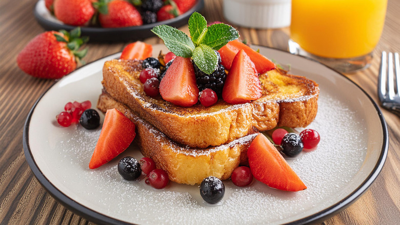 Two lovely pieces of French toast are covered with berries on a plate.