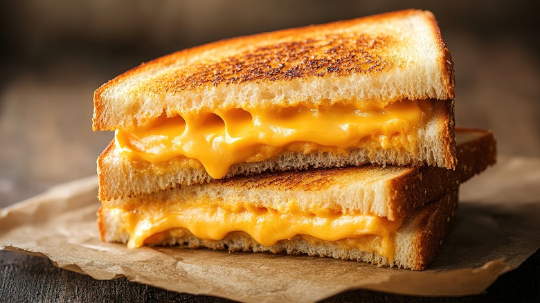 A sliced, stacked white bread and cheddar grilled cheese sandwich, served on butcher paper, over a wooden table.