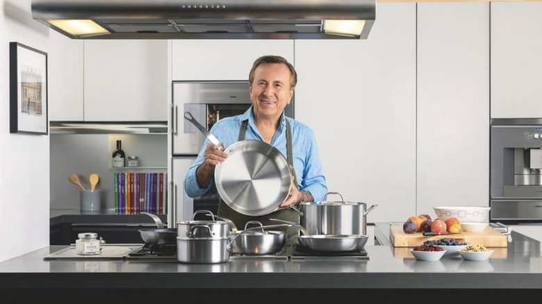 Chef Daniel Boulud with his collection of Sardel cookware.