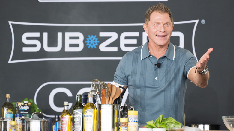 Celebrity chef Bobby Flay at a live cooking demonstraton.