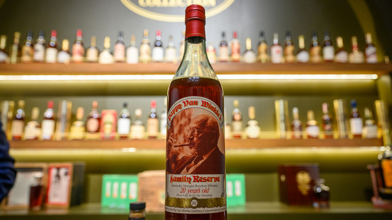 a bottle of 15-year-old Pappy Van Winkle on a bar