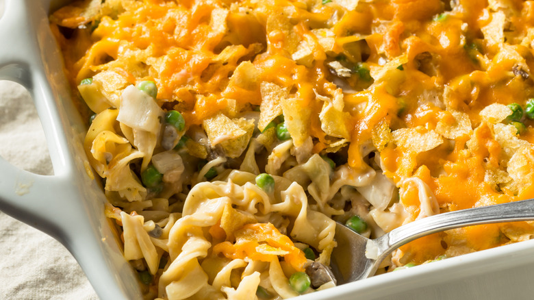White ceramic baking dish of tuna casserole