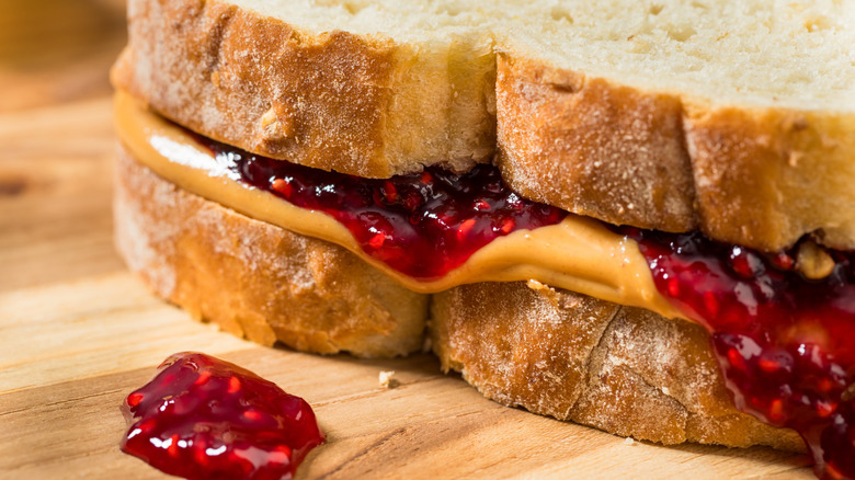 close up of a peanut butter and jelly sandwich