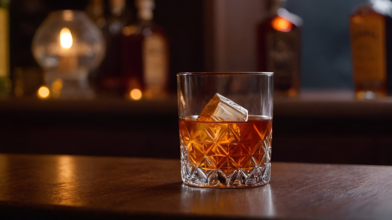 A rocks glass of bourbon with one large ice cube