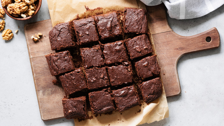 Brownies on wooden cutting board