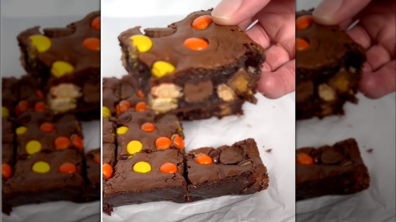 Someone holding some homemade Reese's Pieces Brownies