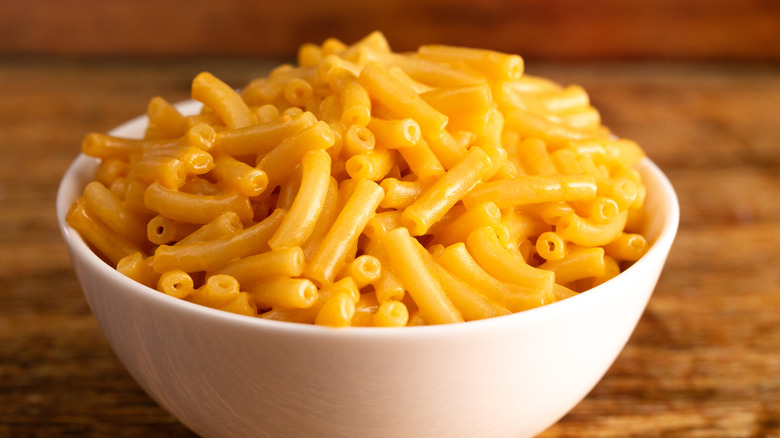 classic boxed mac and cheese in a white bowl