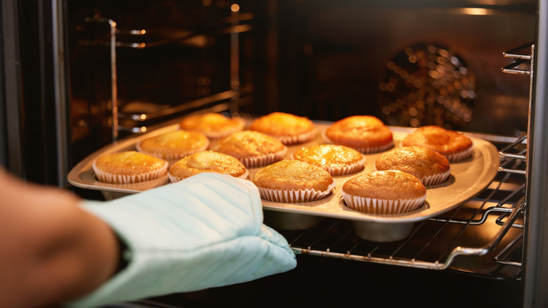 removing tray of muffins from oven