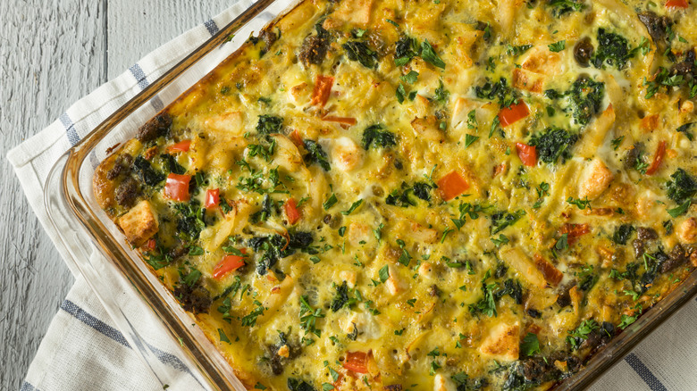 Close up of an egg bake in a casserole dish