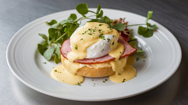 Eggs Benedict on a plate next to some greens