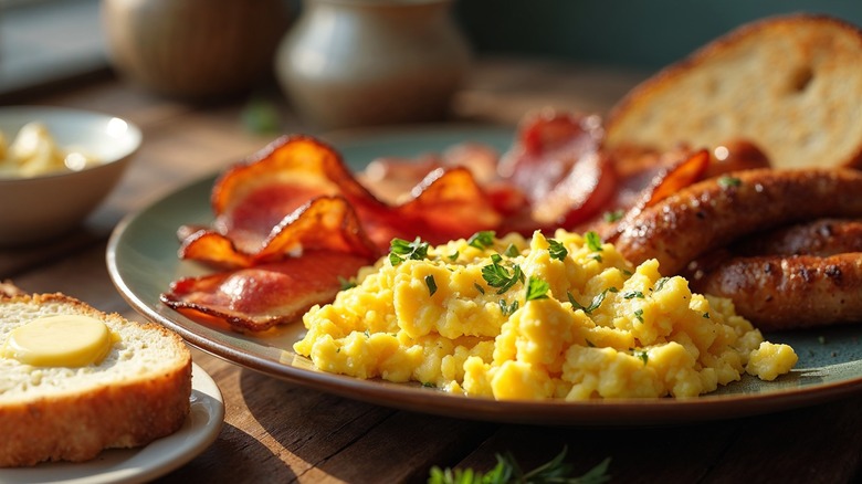 scrambled eggs bacon sausage on plate