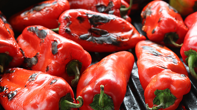Close up of grilling red bell peppers