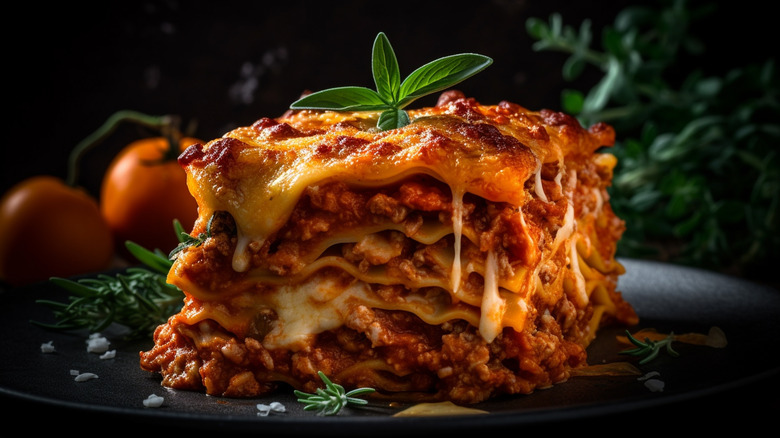 A traditional single slice of lasagna.