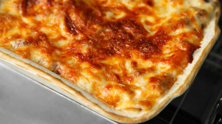 A baking dish with lasagna.
