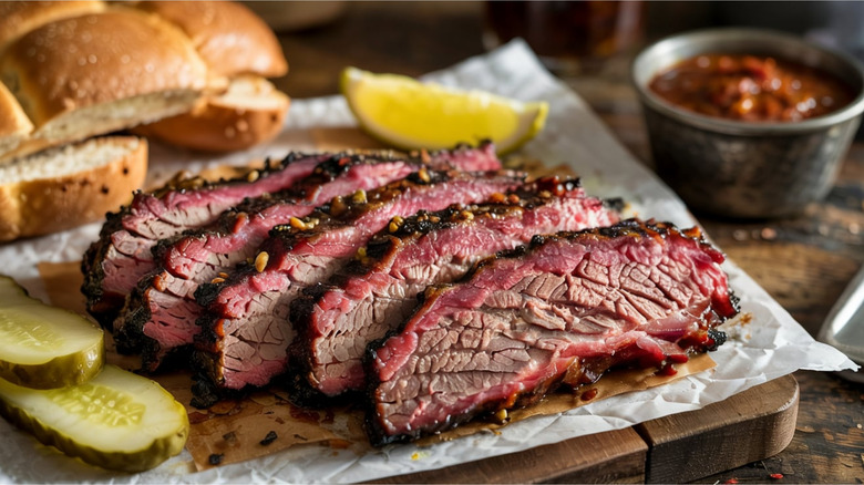 Succulent brisket arranged neatly on a platter.
