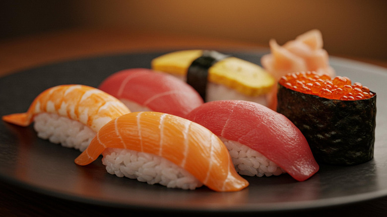 Different types of perfectly rolled sushi on a black plate.