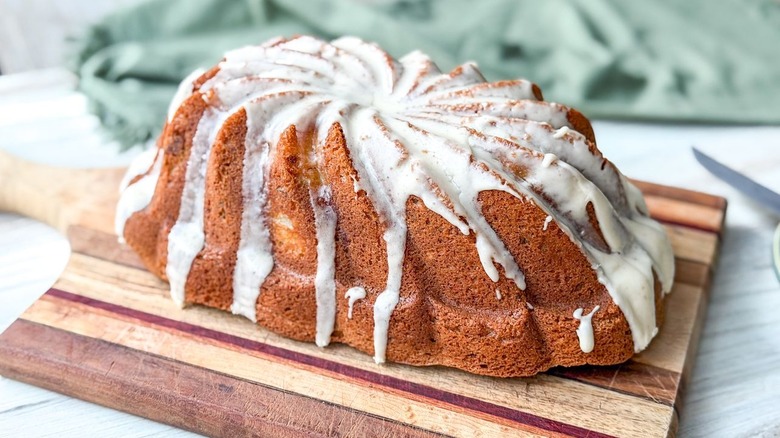 Brown butter bourbon loaf cake on cutting board