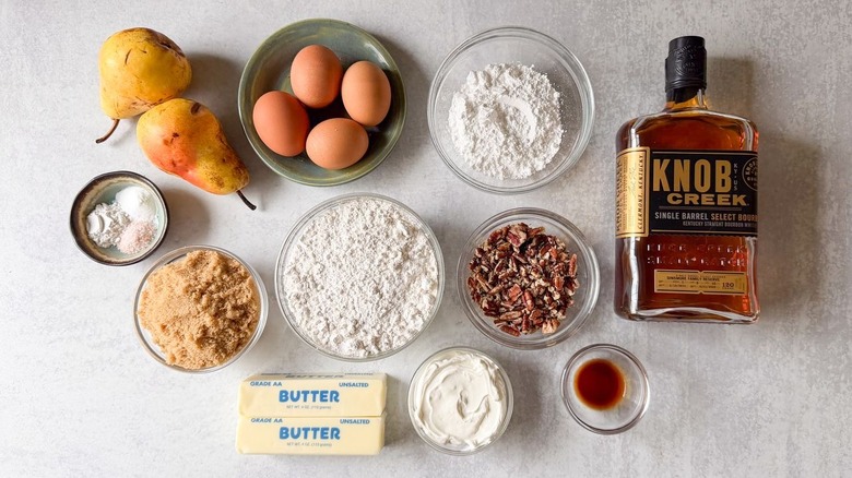 Brown butter bourbon loaf cake ingredients on countertop
