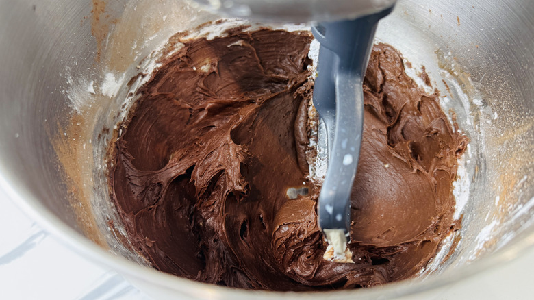 Brownie batter dip in stand mixer bowl