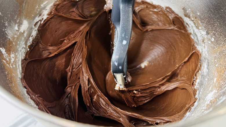 Brownie batter dip in stand mixer bowl