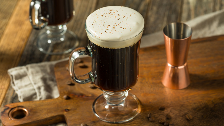 Irish coffee on cutting board