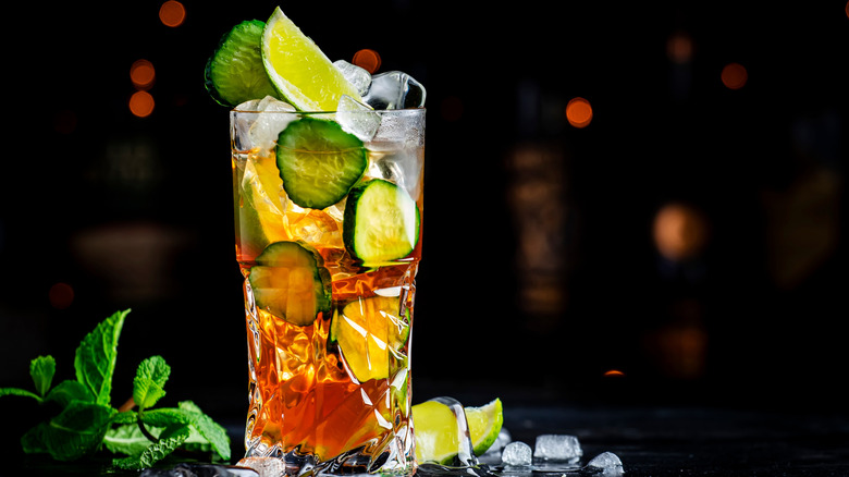 Pimm's cup overflowing with garnishes