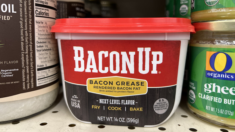 Bacon Up Bacon Grease on a grocery store shelf.