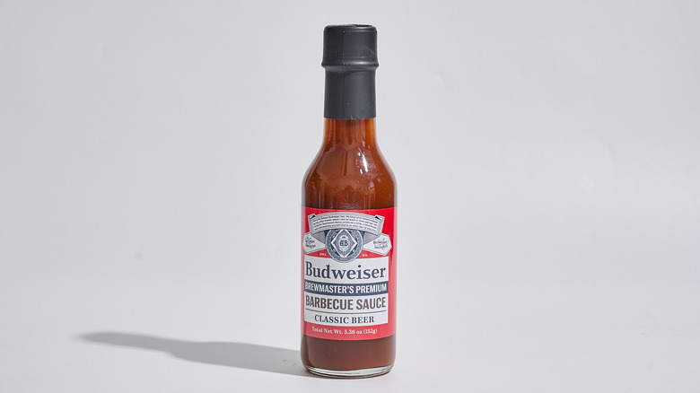 Bottle of Budweiser barbecue sauce on a table
