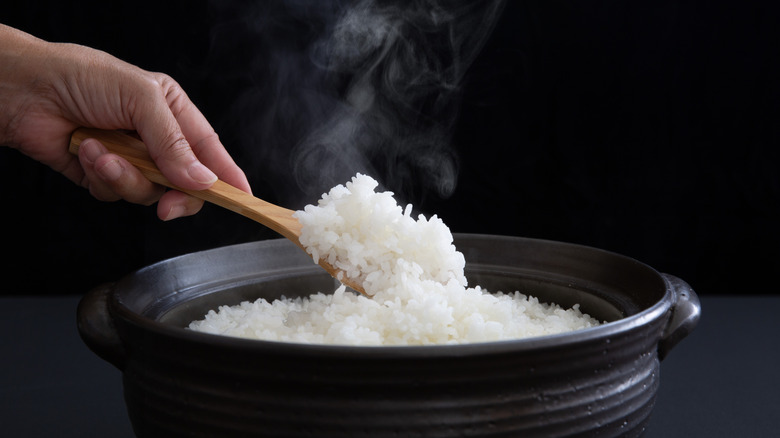 A hand lifting a spoonful of rice out of a pot