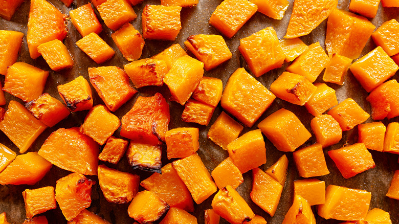 Top-down view of chopped and roasted butternut squash