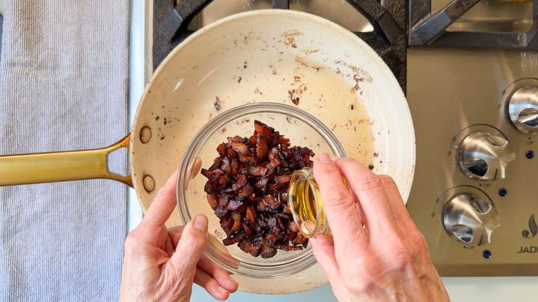 Tossing fried bacon lardons with maple syrup