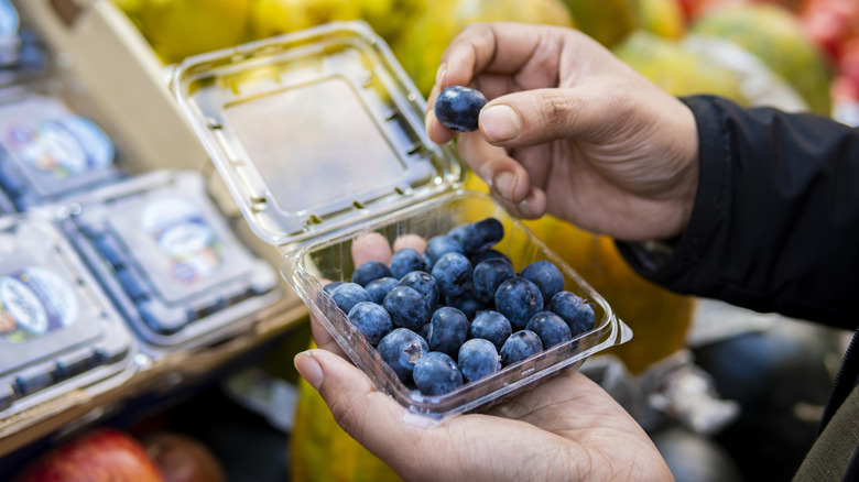 Close up of hands touching blueberries in a carton.