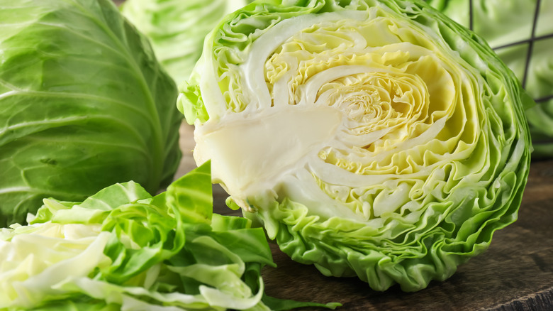 Raw green cabbage cut in half.