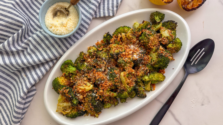 oval plate with breadcrumb-topped broccoli