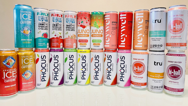 Collection of various cans of caffeinated sparkling water