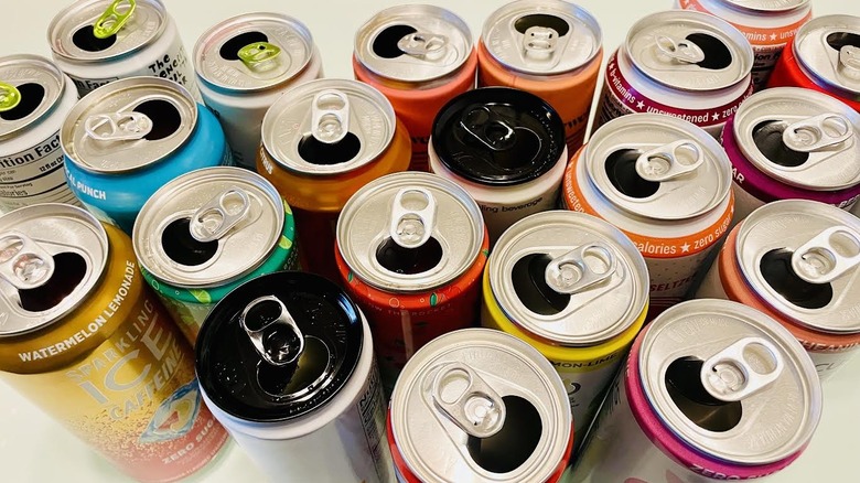 View of open caffeinated sparkling water cans form above