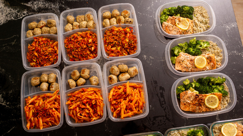 Multiple storage containers packed with home cooked meals.