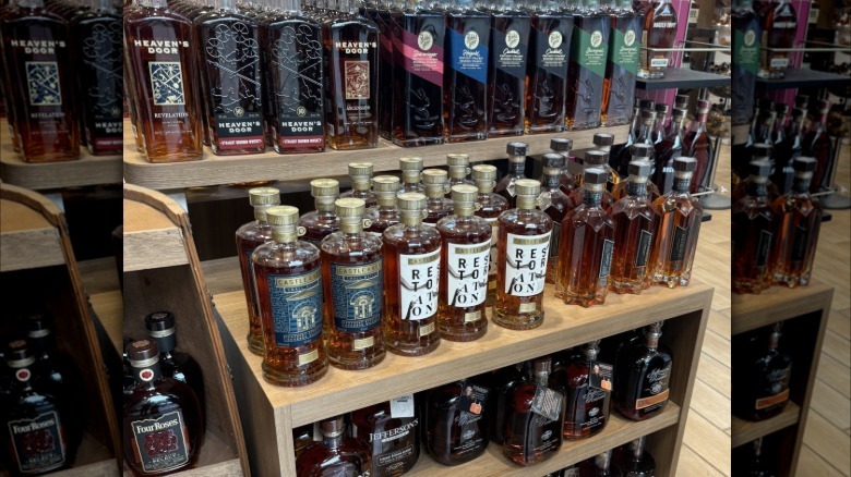 Shelves of bourbons at the Distillery District Marketplace