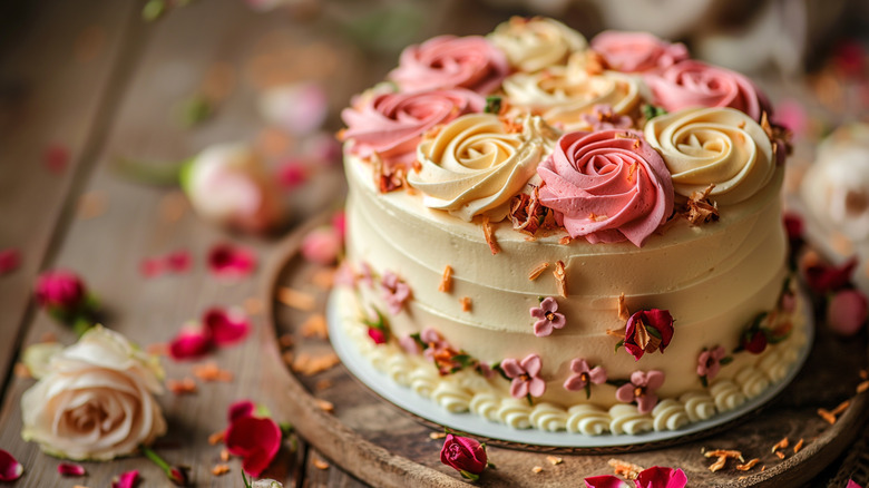 Buttercream-iced cake topped with floral decorations