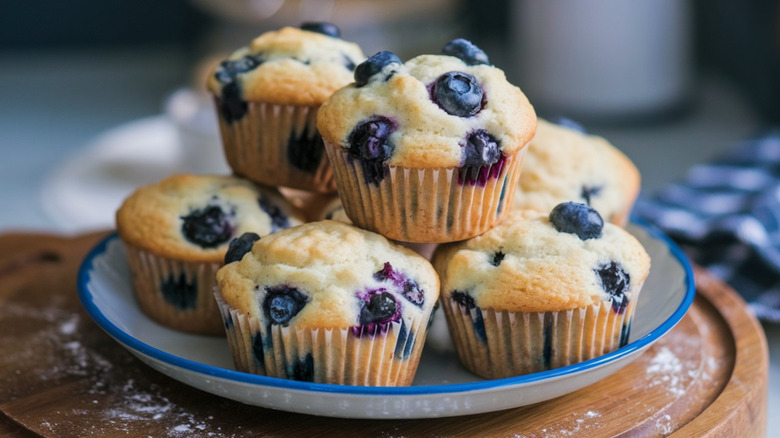 Plate of blueberry muffins on a wooden board
