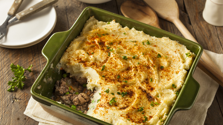 Homemade shepherd's pie in a square casserole dish.